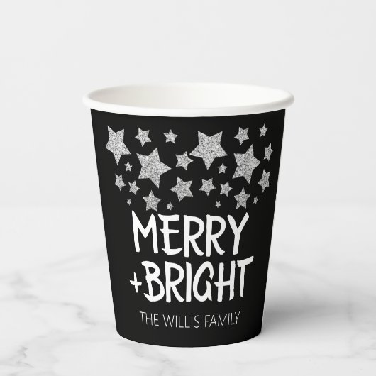 Kerst Sparkle Stars Merry Bright Familienaam Papieren Bekers (Achterkant)