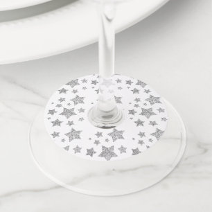 Kerst Sparkle Stars zilveren patroon op wit Wijnglaslabel