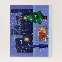 Kerst stadsgezicht met straatlantaarn, boom en gif