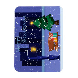 Kerst stadsgezicht met straatlantaarn, boom en gif magneet