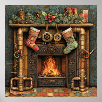 Kerst Steampunk open haard Poster