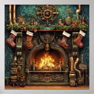 Kerst Steampunk open haard Poster