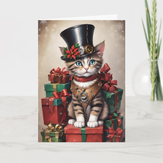 Kerst Steampunk Tabby Kitten Kaart (Voorkant)