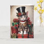 Kerst Steampunk Tabby Kitten Kaart (Gele Bloem)