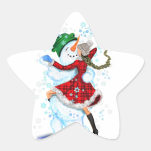 Kerst sticker Happy Sneeuwman en Meisje Dans
