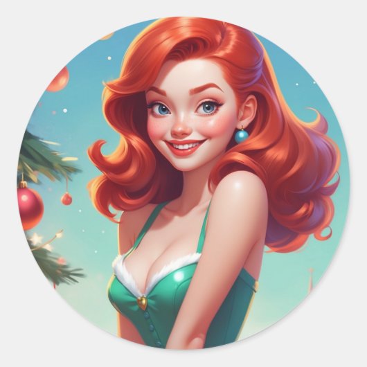 Kerst sticker Pin-up meisje, Redhead ROUND (Voorkant)