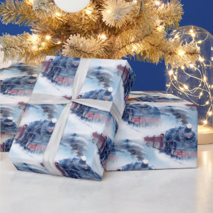 Kerst Stoomtrein Snowy Winter Landschap Blauw Cadeaupapier