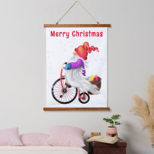 Kerst Tapestry Gnoom met fiets en cadeau Hangend Wandkleed