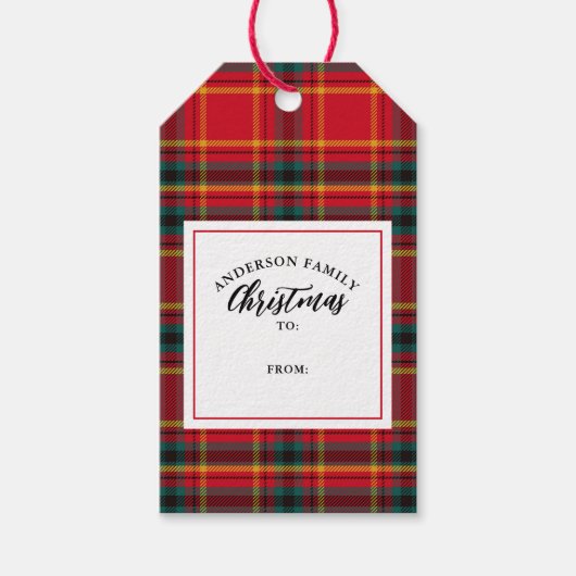 Kerst Tartan Plaid familienaam Cadeaulabel (Voorkant)