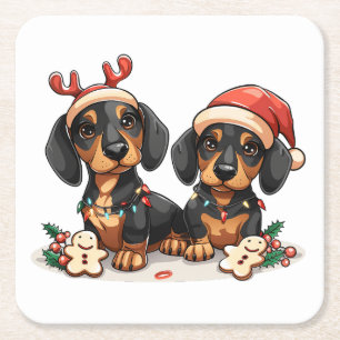 Kerst teckel honden vierkante kartonnen onderzetter