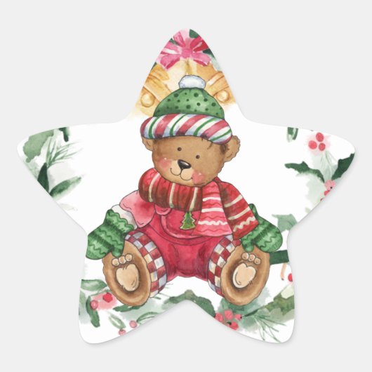 Kerst Teddy Bear Star Sticker (Voorkant)