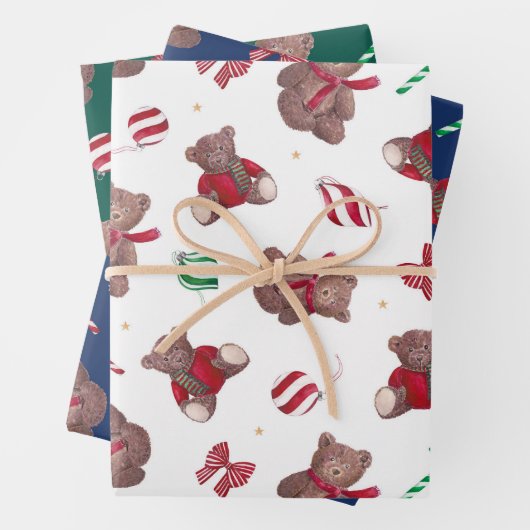 Kerst Teddy Bears Baubles Bows Inpakpapier Vel (In situ)