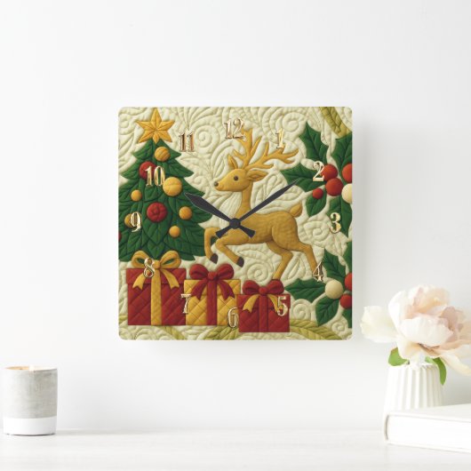 Kerst Theme Tree Rendier Gifts Quilted Look Vierkante Klok (Huis)