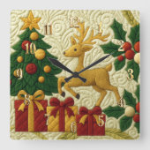 Kerst Theme Tree Rendier Gifts Quilted Look Vierkante Klok (Voorkant)