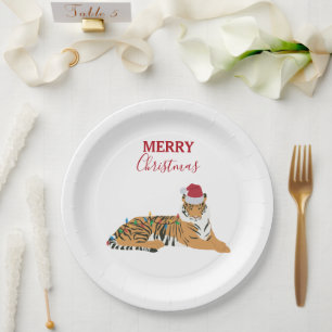 Kerst Tijger Grappig Dier met Santa Hat Papieren Bordje