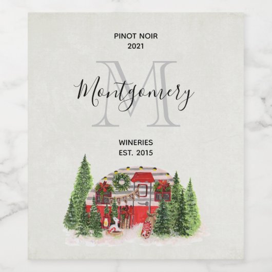 Kerst Trailer Camper Rustieke Scène Wijn Maken Wijn Etiket (Enkel label)