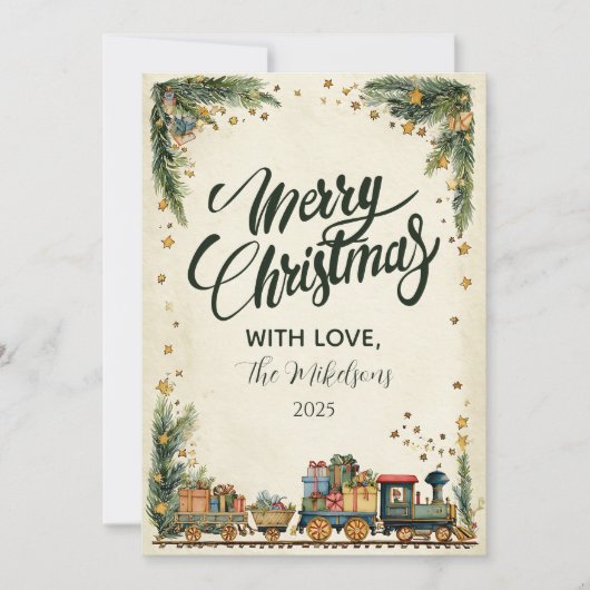 Kerst trein en cadeaus feestdagenkaart (Voorkant)