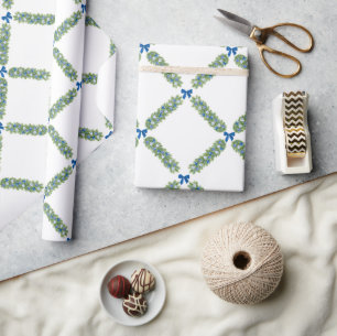 Kerst Trellis Blue Bow Cadeaupapier