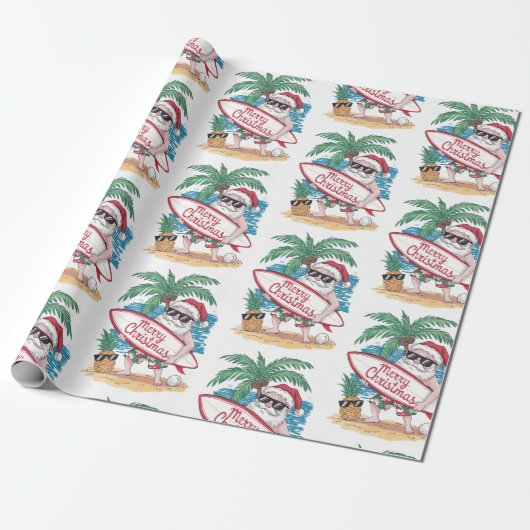Kerst Tropische Palm Tree Beach Surfen Santa Cadeaupapier (Uitgerold)