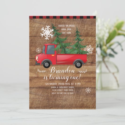 Kerst Truck Hout Rood Plakken Verjaardag Uitnodigi Kaart (Staand voorkant)