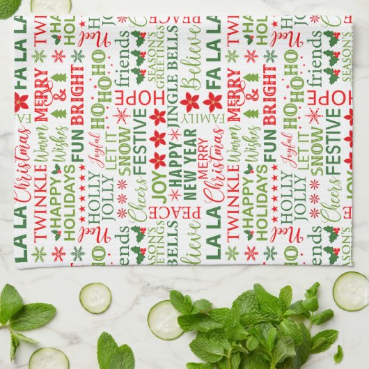 Kerst Typografie Rood & Groen Naadloos Patroon Theedoek (Gevouwen)