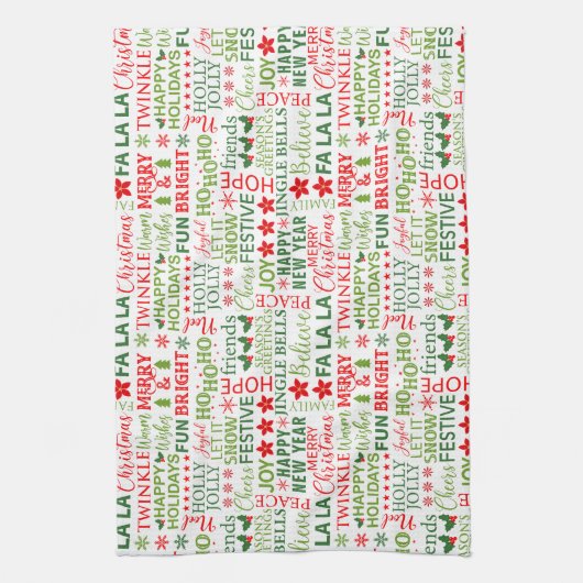 Kerst Typografie Rood & Groen Naadloos Patroon Theedoek (Verticaal)