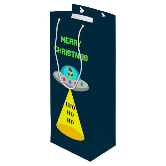 Kerst UFO Ho Alien vliegende schotel Custom Wijn Cadeautas (Achterkant Gekanteld)