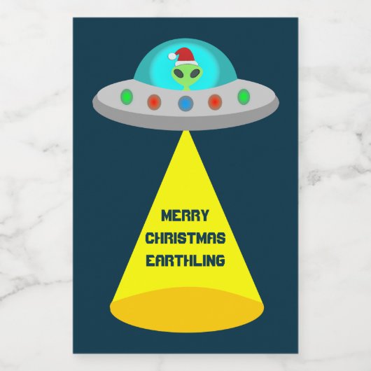 Kerst UFO Ho Alien vliegende schotel Custom Wijn Etiket (Enkel label)