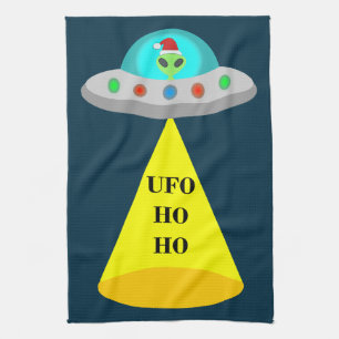 Kerst UFO Ho Ho Alien vliegende schotel Theedoek