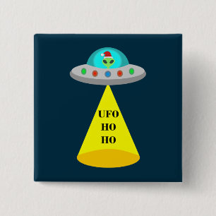 Kerst UFO Ho Ho Alien vliegende schotel Vierkante Button 5,1 Cm