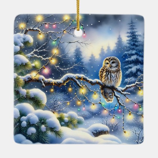 Kerst uil in een magisch winterbos keramisch ornament (Achterkant)