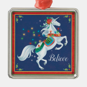 Kerst Unicorn Ornament, "Geloof"! Metalen Ornament