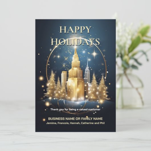 Kerst Urban Skyline Gold Tree Blue Chip bedankt Feestdagenkaart (Staand voorkant)