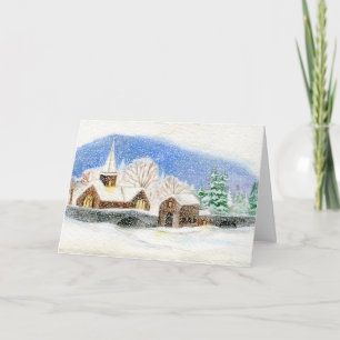 Kerst / vakantie Kaart: Snowy Village waterverf Feestdagen Kaart