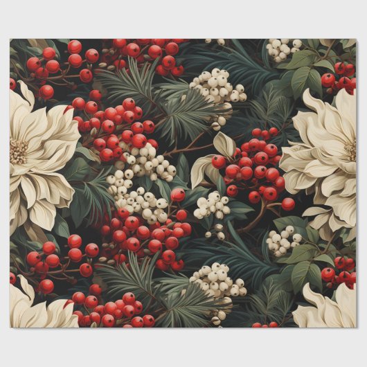 Kerst/vakantie Vette bloemen, bessen & bladeren Cadeaupapier (Vlak)