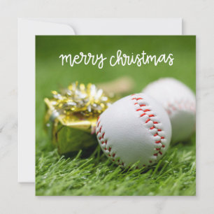 Kerst van de honkbal met bal op groen gras feestdagenkaart