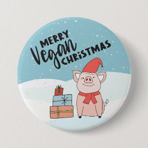 Kerst van de Vegan met cartoon biggen en cadeaus Ronde Button 7,6 Cm