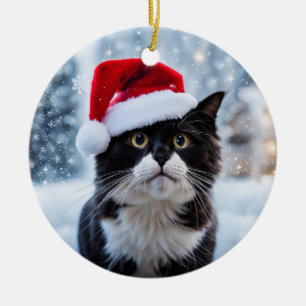 Kerst van de zwarte en witte kat keramisch ornament