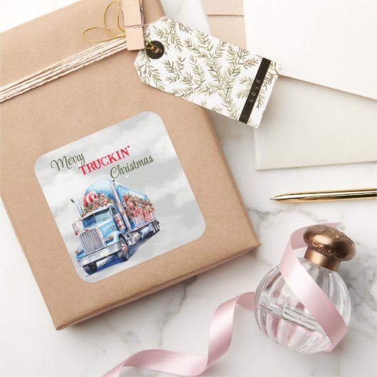 Kerst van Merry Truckin Vierkante Sticker (Geschenken)