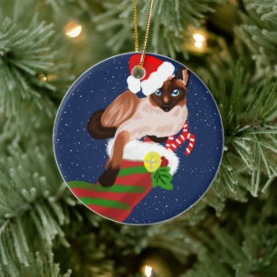 Kerst van Siamese katten met kous en kerstman Keramisch Ornament