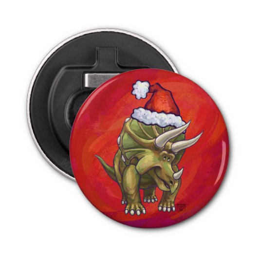 Kerst van Triceratops op rood Button Flesopener (Voorkant)