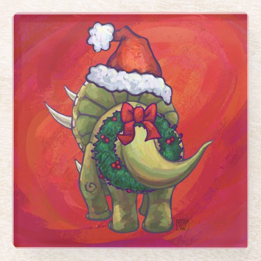 Kerst van Triceratops op rood Glazen Onderzetter (Voorkant)