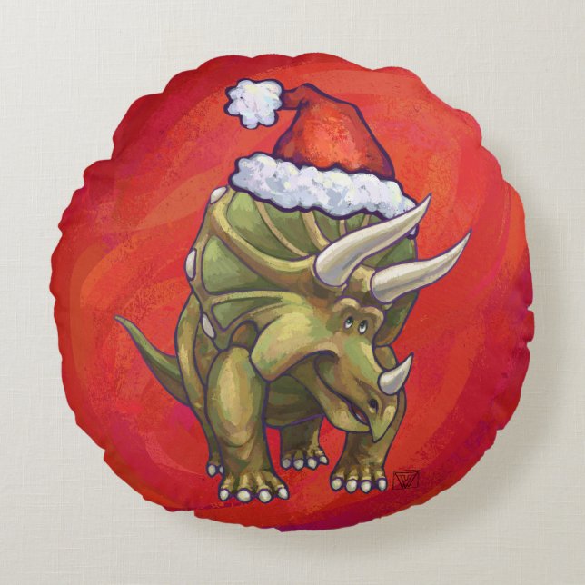 Kerst van Triceratops op rood Rond Kussen (Voorkant)