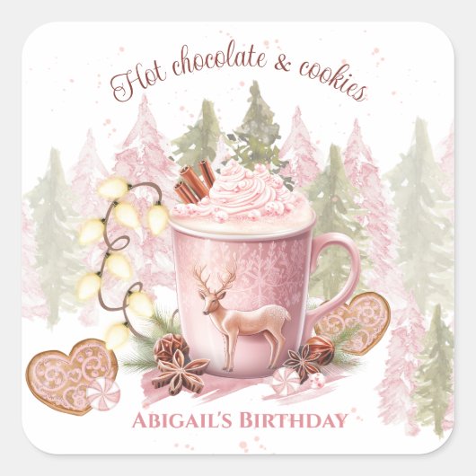 Kerst Verjaardag Roze Hot Chocolate Mok Sticker (Voorkant)