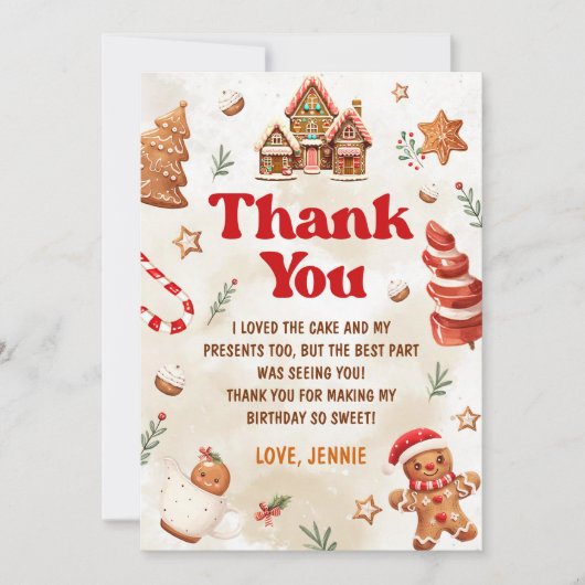 Kerst verjaardagsfeest met een ginterbreadhuis bedankkaart (Voorkant)