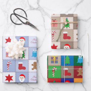 Kerst Vierkant Patroon Blauw Beige en Kleurrijk Inpakpapier Vel