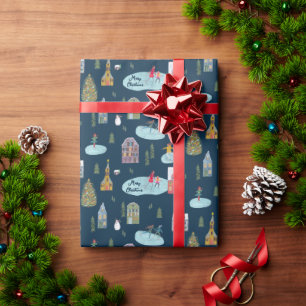 Kerst Village Blauw Patroon 'Prettig Kerstfeest' Cadeaupapier