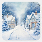 Kerst Village Blue Scene Vierkante Sticker (Voorkant)