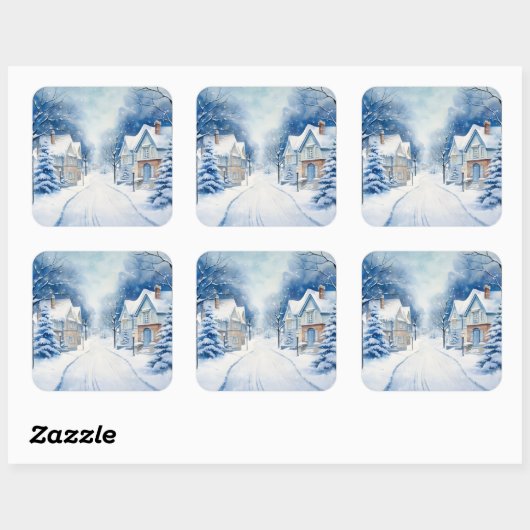 Kerst Village Blue Scene Vierkante Sticker (Vel)