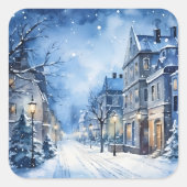 Kerst Village Scene Blauw Vierkante Sticker (Voorkant)
